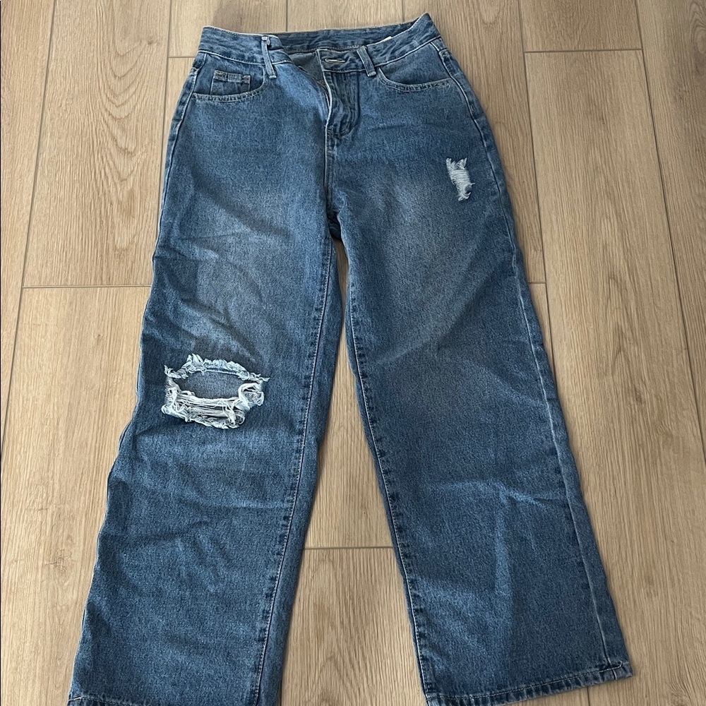 Classic Trending Blue High Rise Wide Leg Distressed Women Jeans
